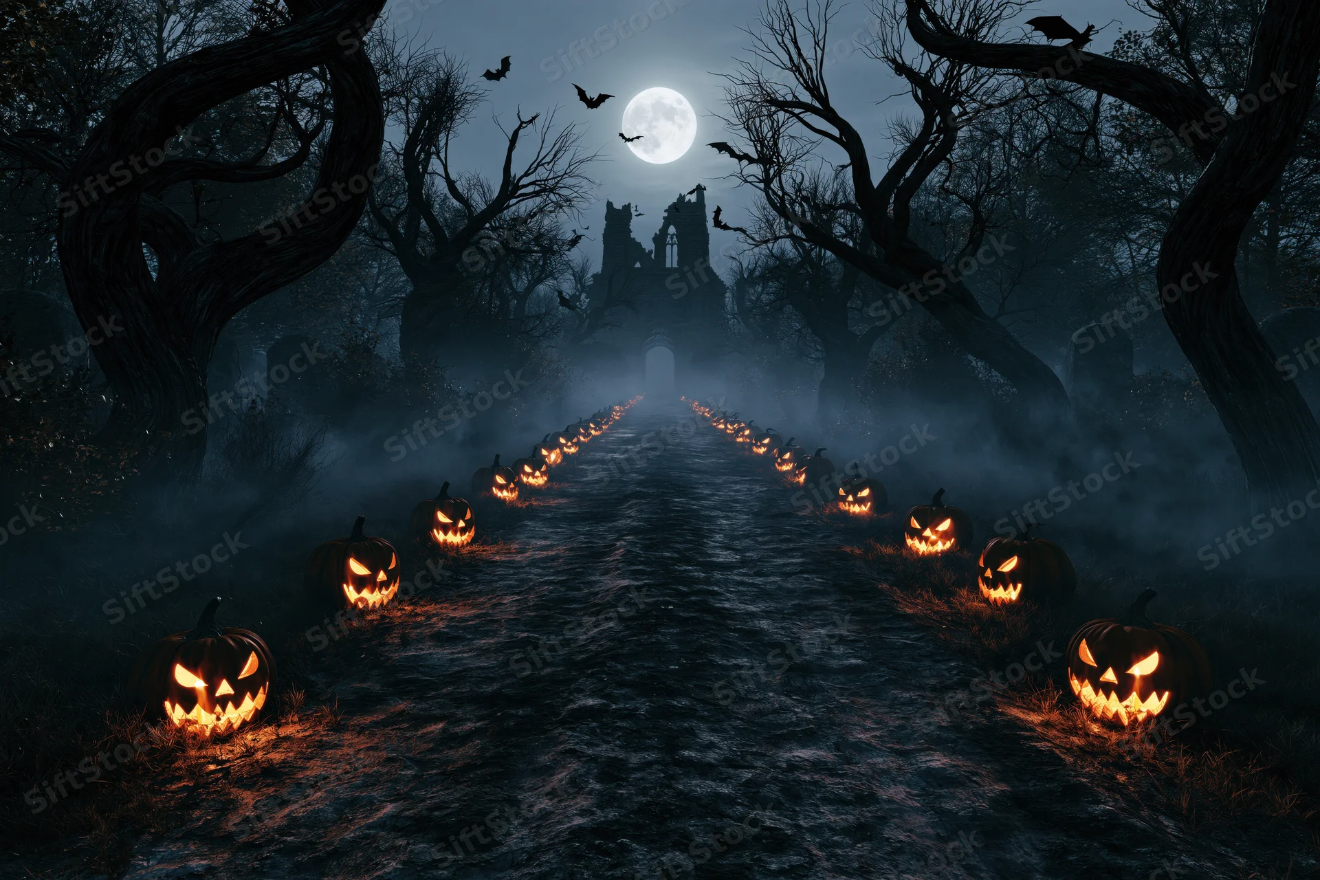 Glowing jack-o-lanterns lining a foggy dirt path through a dark forest toward a ruined castle under a full moon