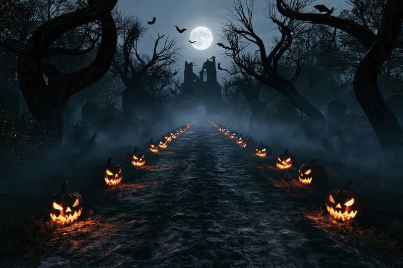 Glowing jack-o-lanterns lining a foggy dirt path through a dark forest toward a ruined castle under a full moon