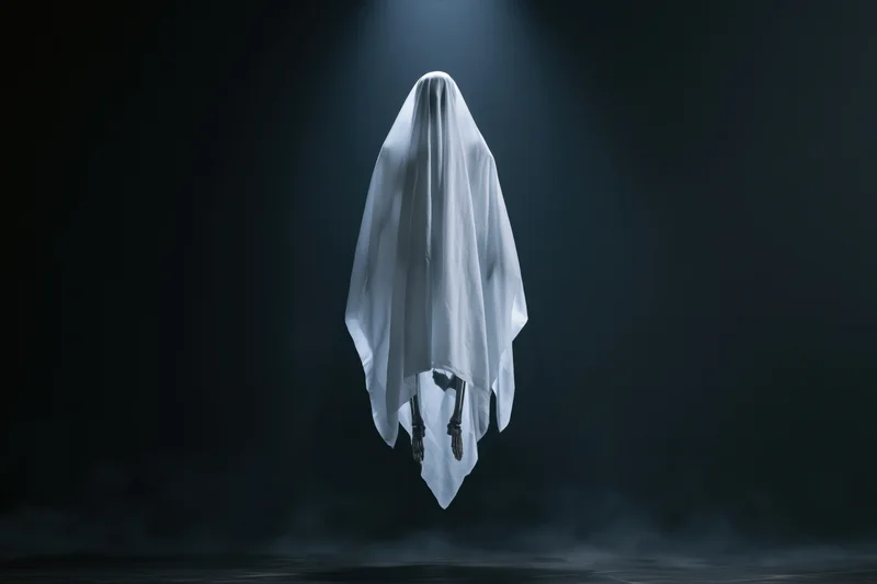 Ghost figure draped in white sheet floating in dark space under spotlight