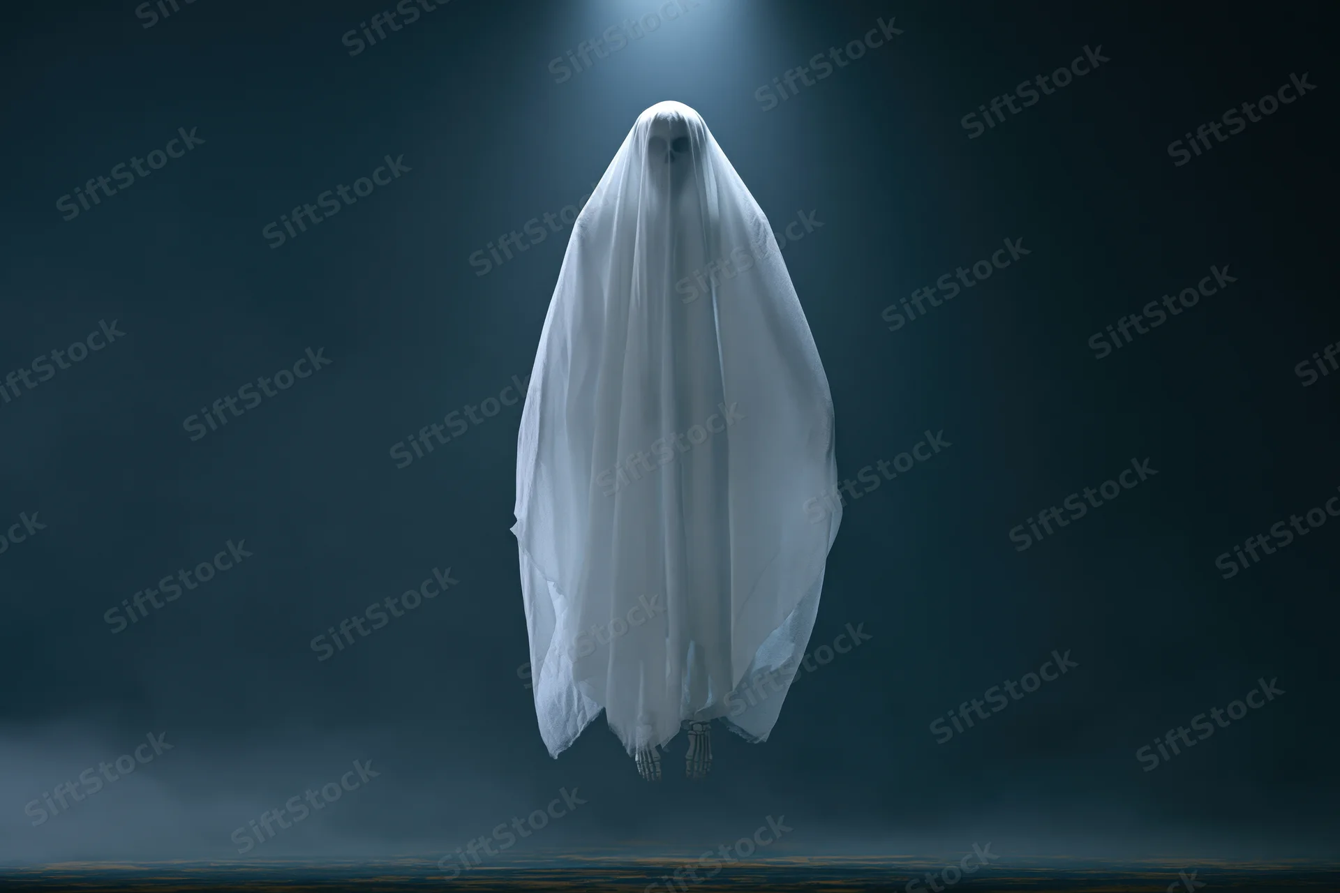 Ghost in white sheet floating in dark fog under spotlight