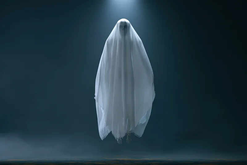 Ghost in white sheet floating in dark fog under spotlight