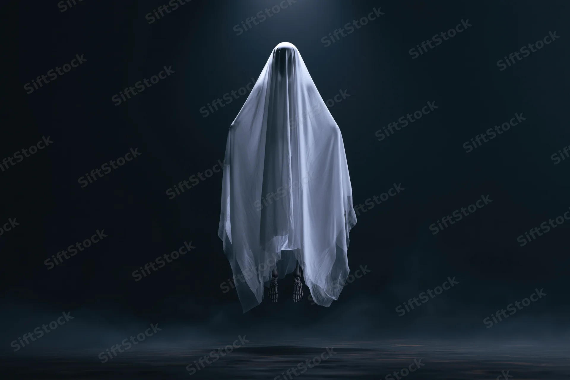 Ghost figure draped in white sheet floating in dark foggy space under spotlight
