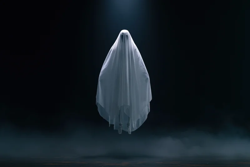 Ghost in white sheet floating in dark smoky space under spotlight
