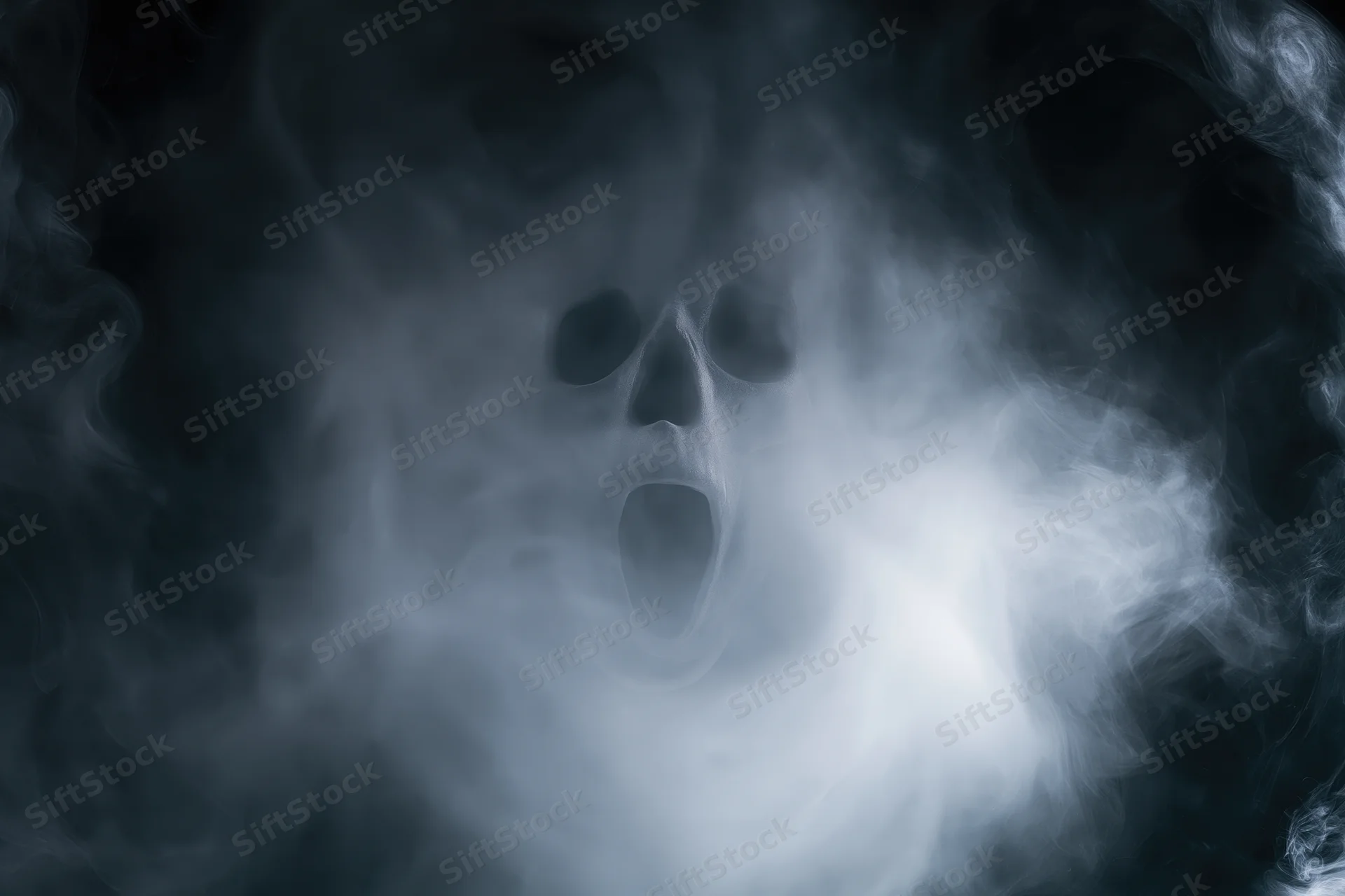 Ghostly face emerging from swirling smoke and fog