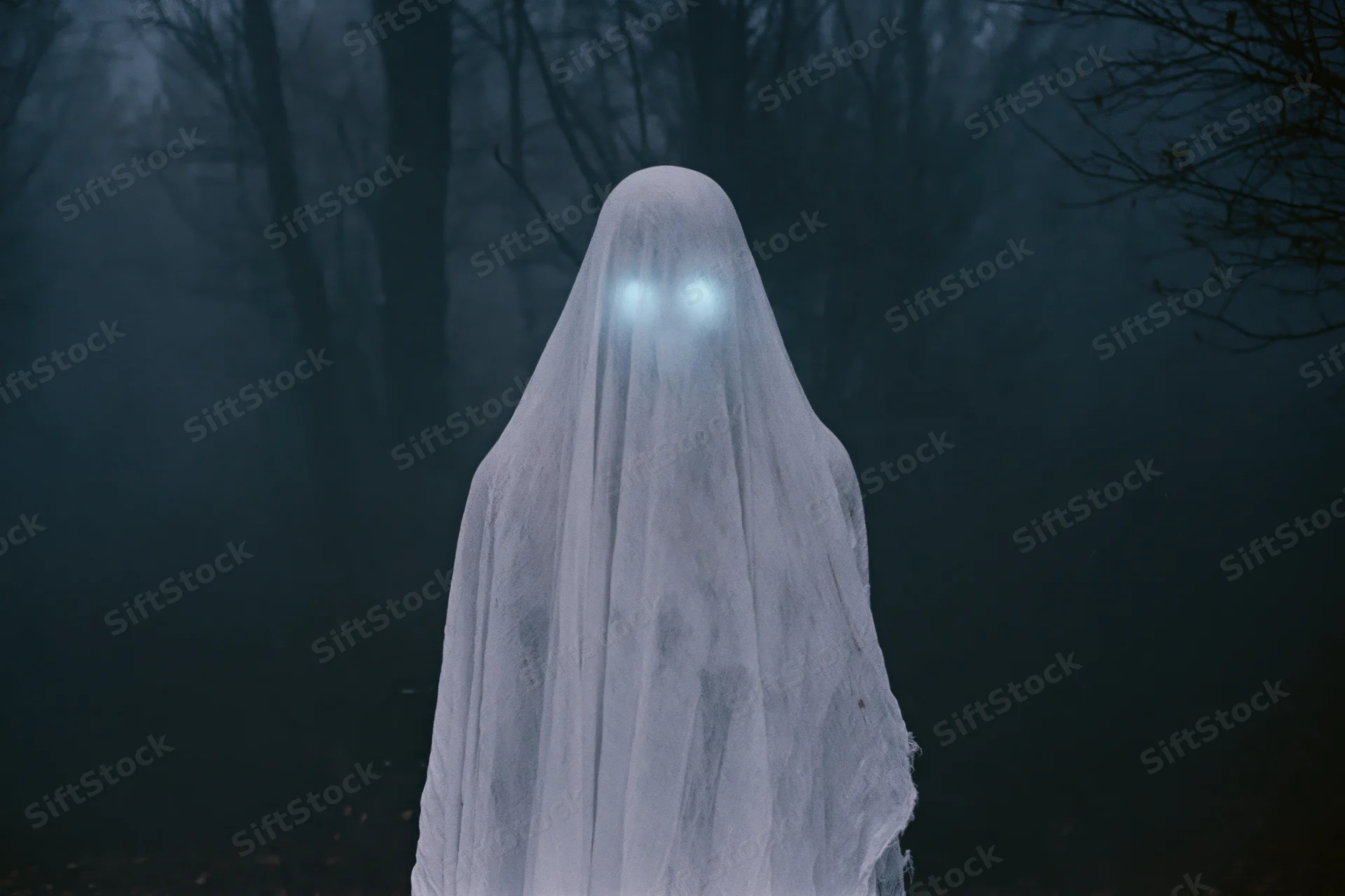 Ghostly figure draped in white sheet standing in foggy forest at night