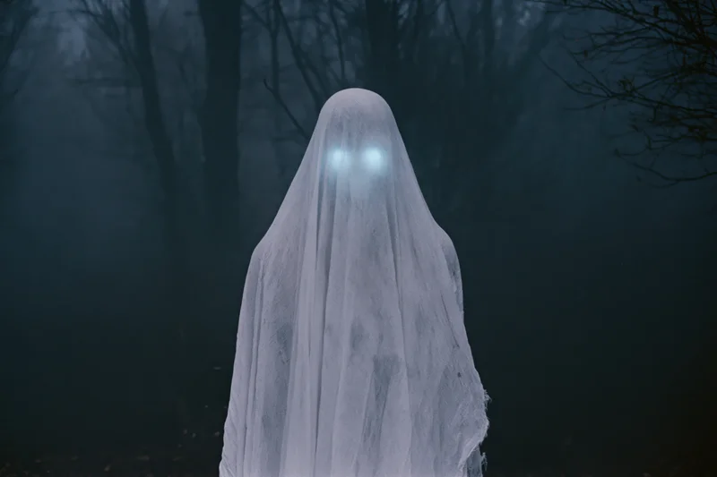 Ghostly figure draped in white sheet standing in foggy forest at night