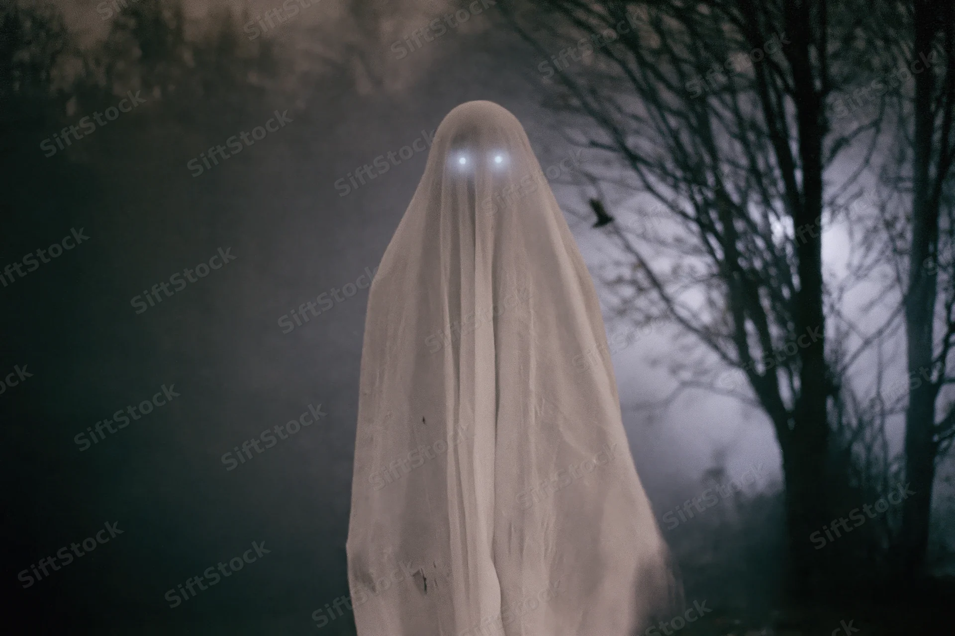Ghostly figure draped in white sheet with glowing eyes standing in foggy forest at night