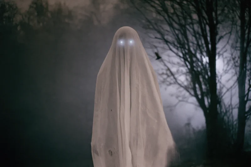 Ghostly figure draped in white sheet with glowing eyes standing in foggy forest at night