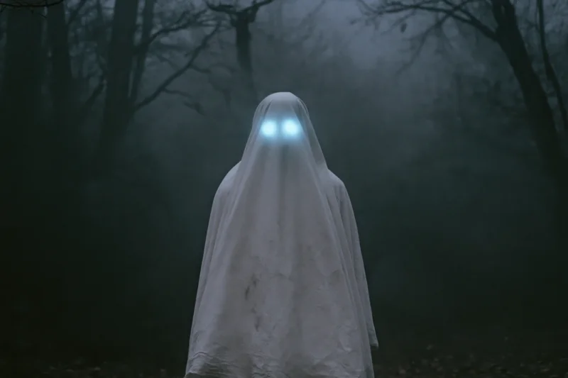 Ghostly figure in white sheet with glowing blue eyes standing in foggy forest at night