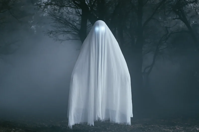 Ghostly figure draped in white sheet standing in foggy forest at night