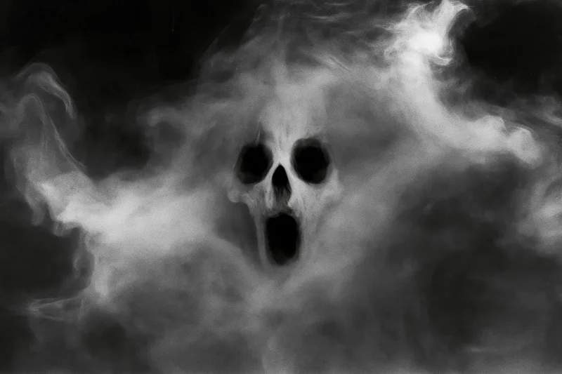 Skull emerging from swirling smoke in dark eerie atmosphere