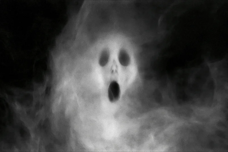 Ghostly face screaming in swirling smoke against dark background