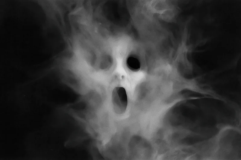 Ghostly face screaming in swirling smoke against dark background