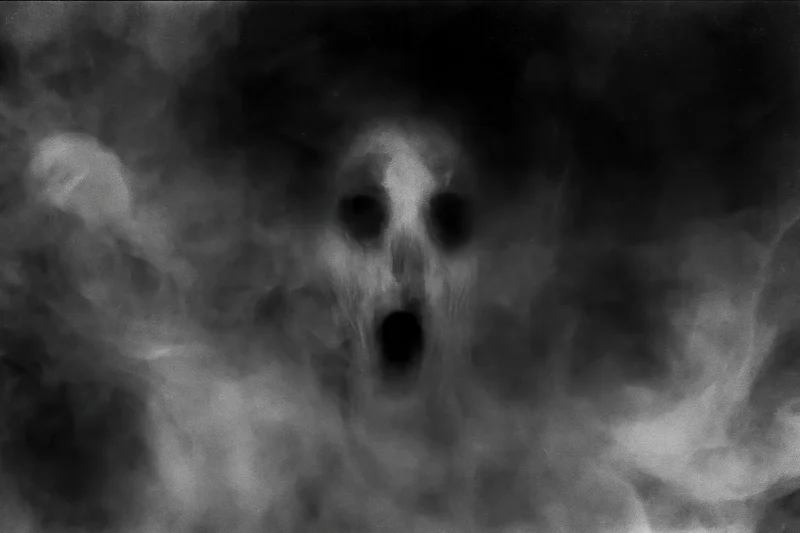 Ghostly face screaming through swirling dark smoke