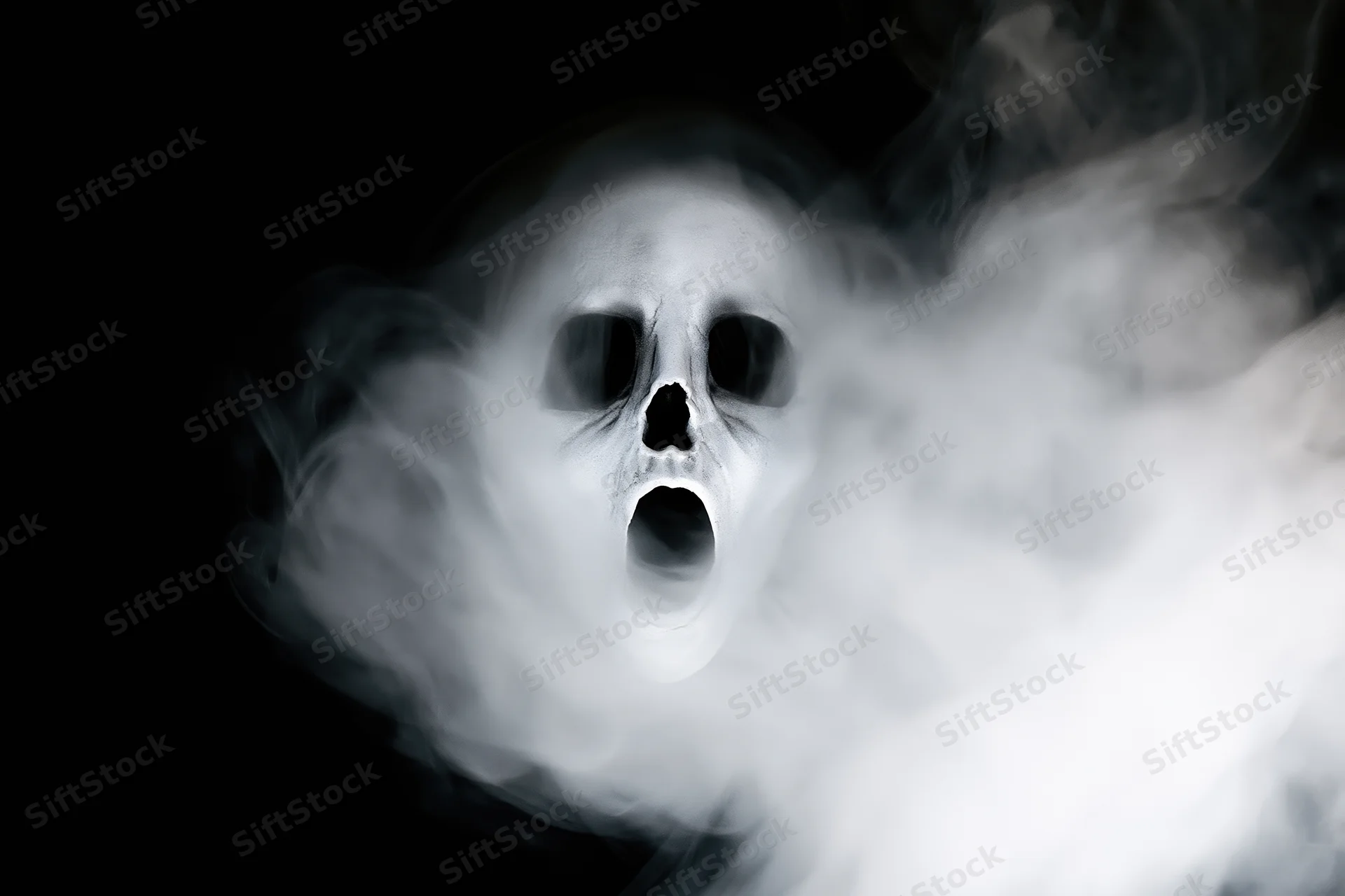 Ghostly skull screaming amidst swirling white smoke against black background