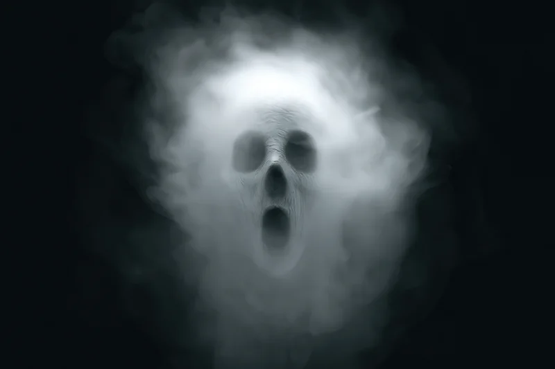 Ghostly screaming face emerging from swirling white smoke in dark space