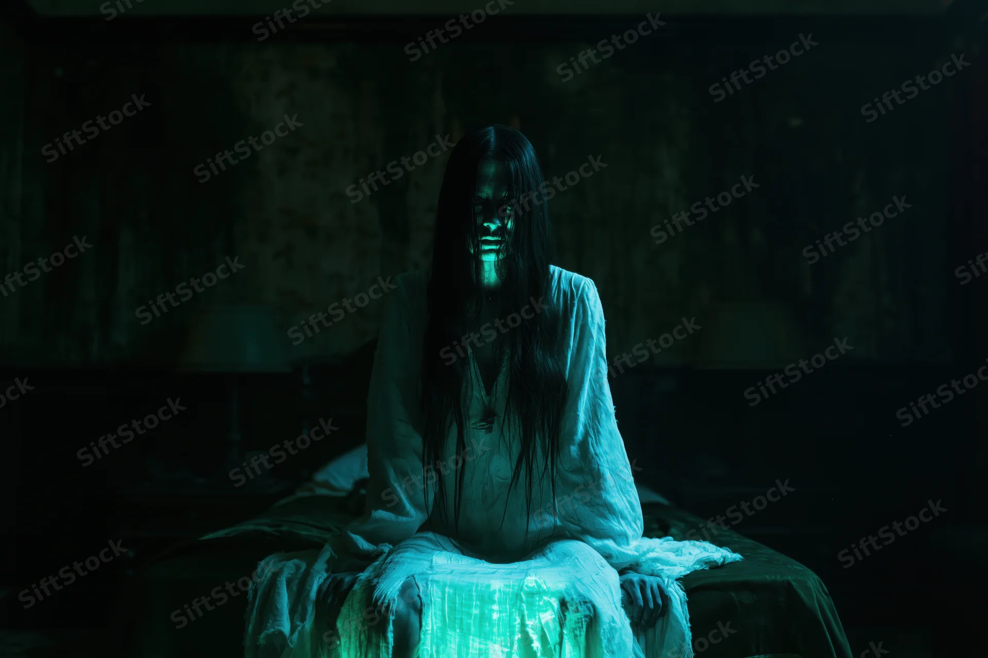 Ghostly woman with long dark hair sitting on a bed in a dimly lit bedroom