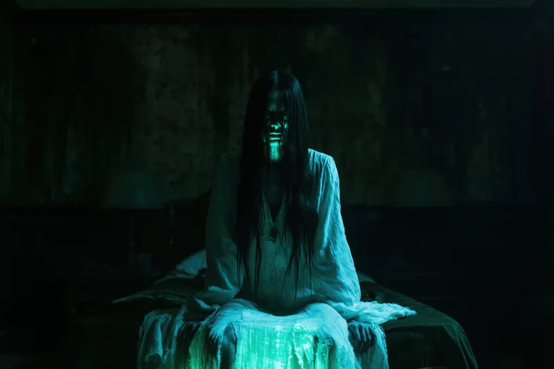 Ghostly woman with long dark hair sitting on a bed in a dimly lit bedroom