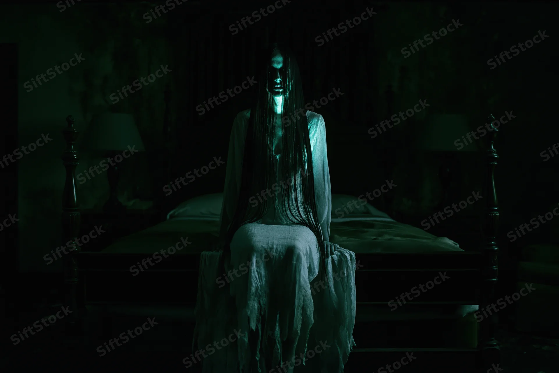 Ghostly woman with long dark hair sitting on bed in dimly lit bedroom