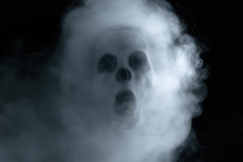 Skull emerging from swirling white smoke against black background