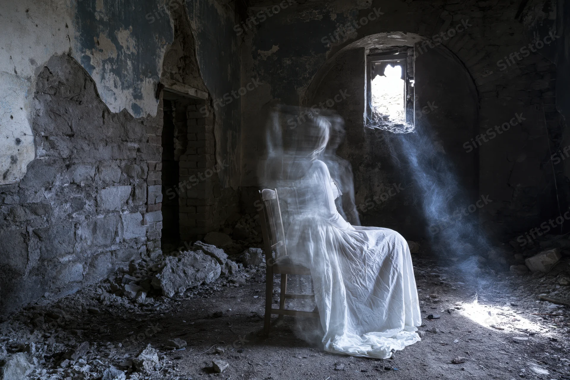 Translucent ghost figure seated on wooden chair in abandoned ruin with light beam through broken window
