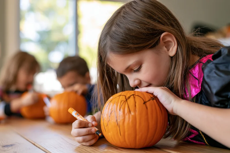 Girl decorating a pumpkin with a marker at a wooden table during halloween craft activity