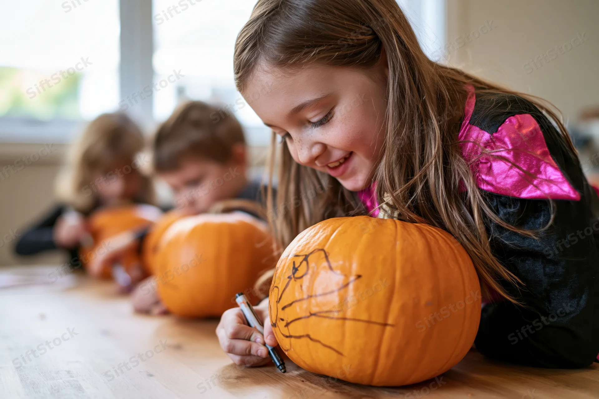 Girl drawing on a pumpkin with a marker at a wooden table during halloween crafting activity