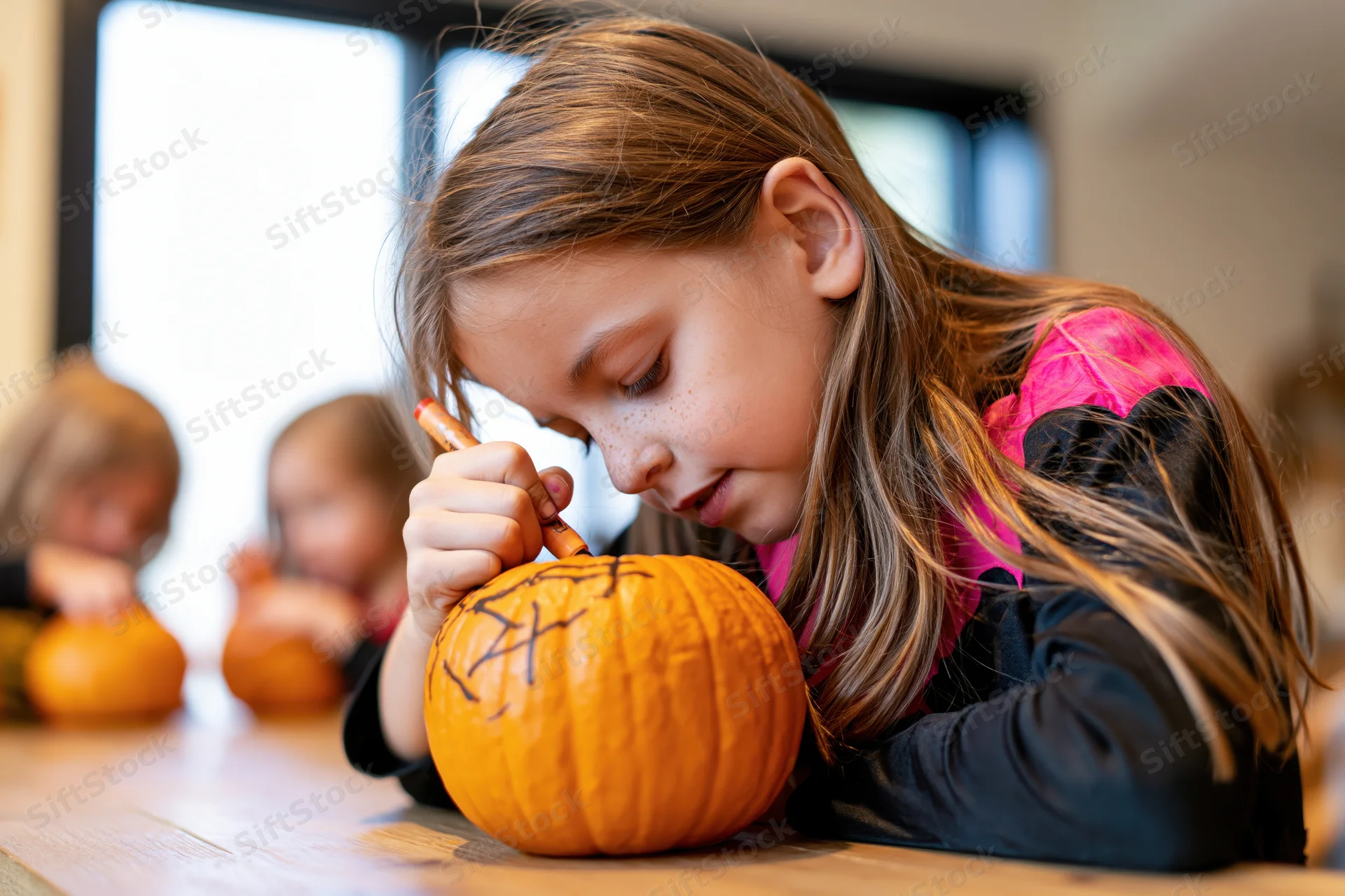 Girl drawing on a small pumpkin at a wooden table indoors