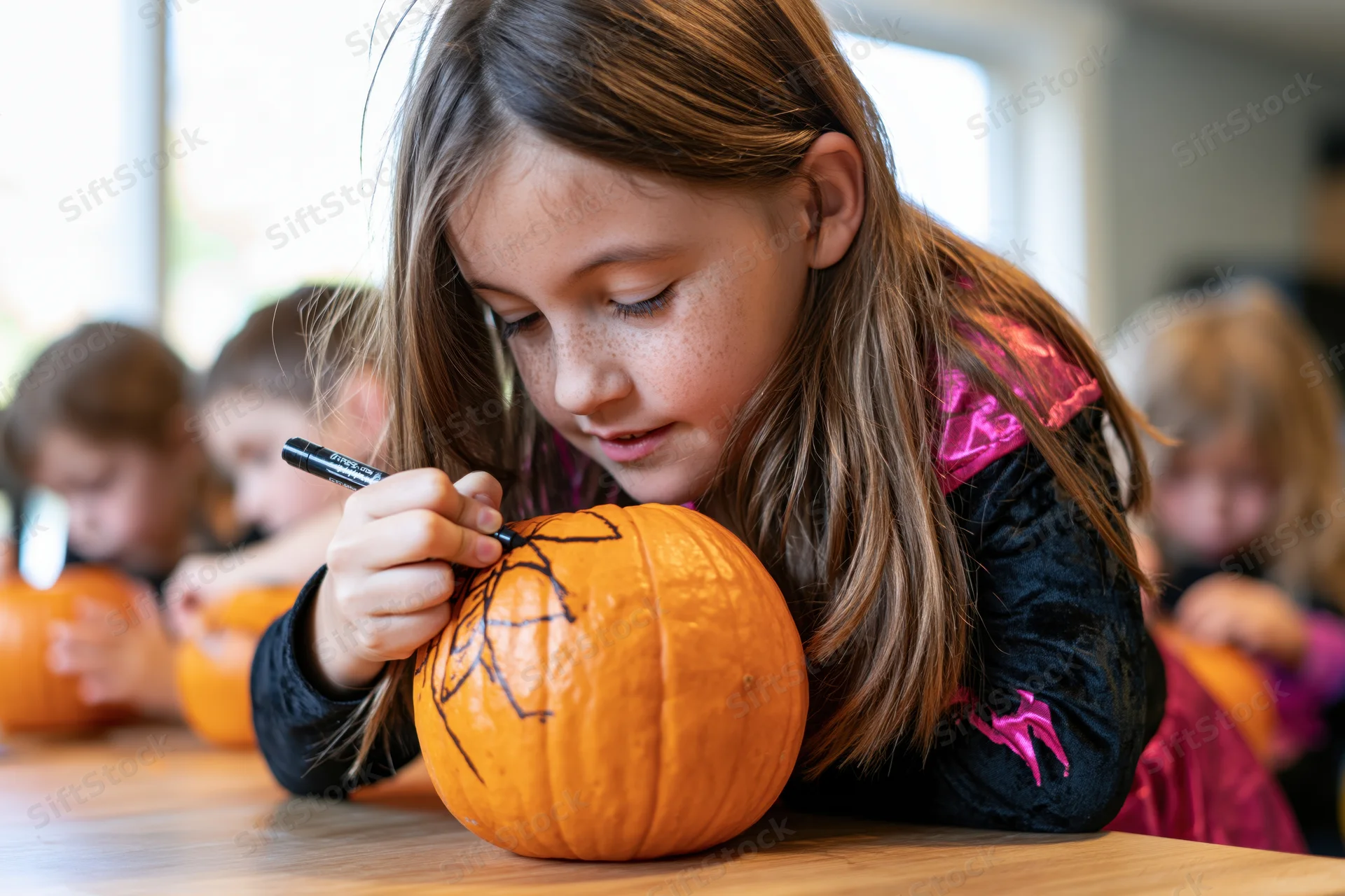 Girl drawing on a pumpkin with a marker at a wooden table during a halloween craft activity