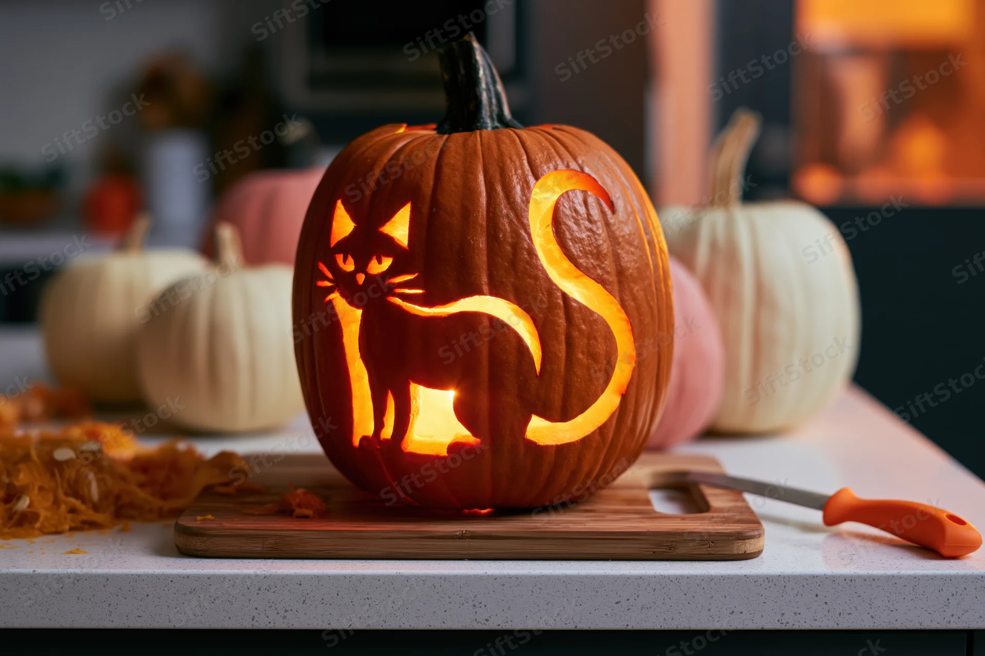Carved pumpkin with cat silhouette glowing on kitchen countertop