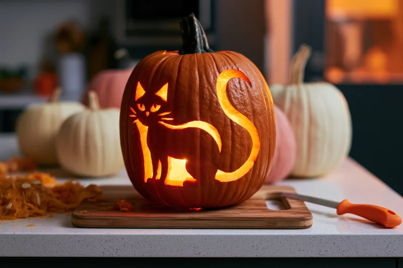 Carved pumpkin with cat silhouette glowing on kitchen countertop