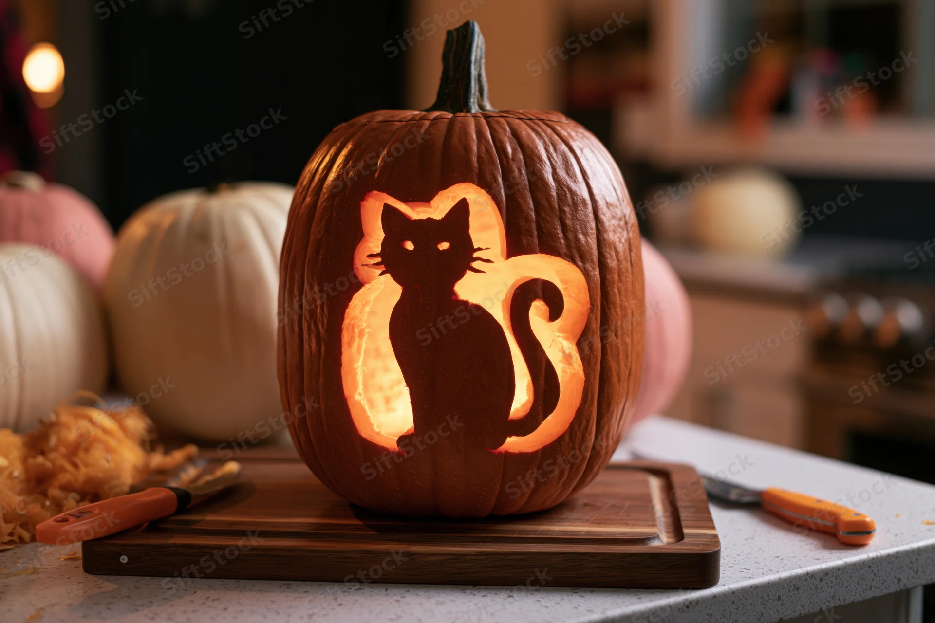 Carved pumpkin with cat silhouette glowing on kitchen countertop