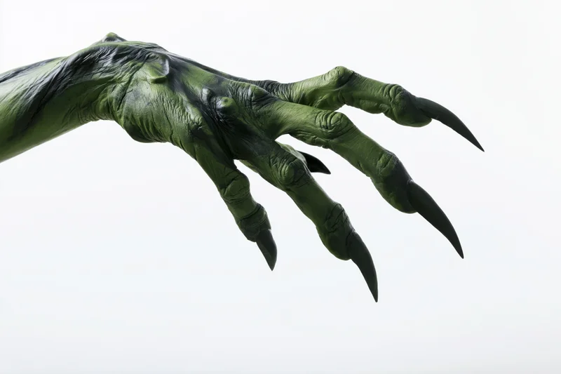Green monster hand with long dark claws reaching out against white background