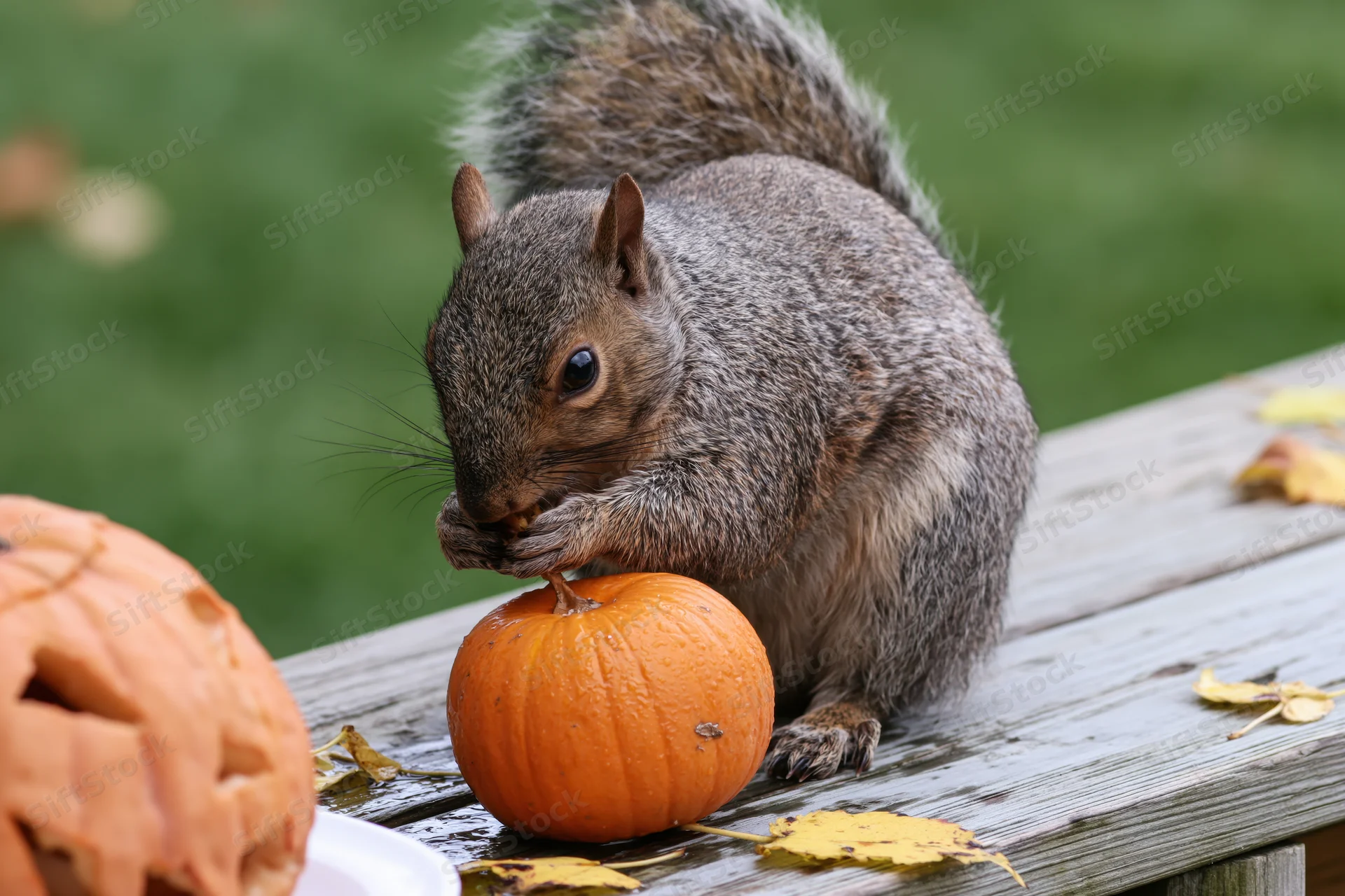 Gray squirrel gnawing on stem of small orange pumpkin on wooden deck with autumn leaves and carved jack-o-lantern nearby