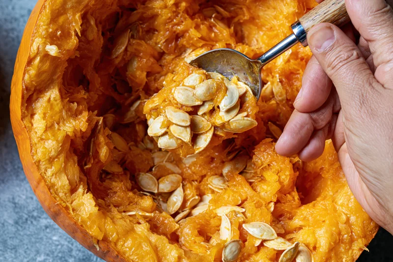 Hand scooping pumpkin seeds and pulp with a spoon from a hollowed pumpkin in a kitchen setting