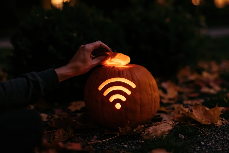 Hand lifting stem lid off glowing jack-o-lantern carved with wifi symbol on autumn ground