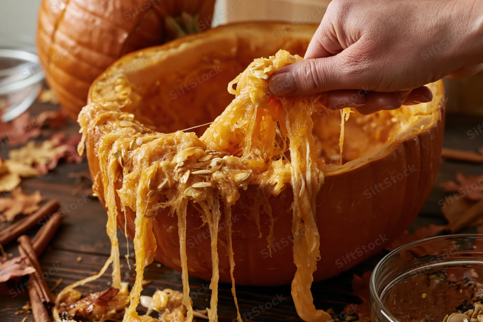 Hand pulling fibrous orange pumpkin guts and seeds from a carved pumpkin on a wooden table with cinnamon sticks and autumn leaves