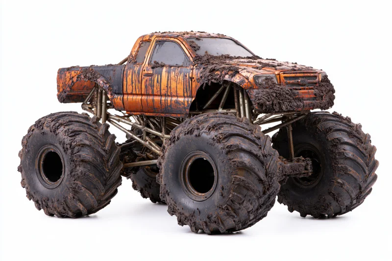 Mud-covered monster truck model with oversized tires on white background