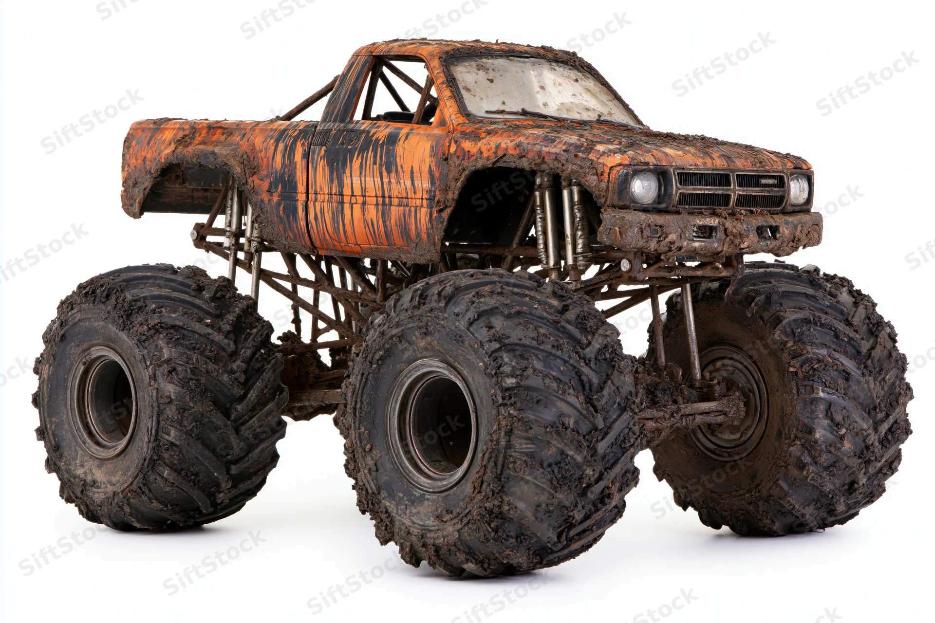 Mud-covered monster truck with oversized tires and exposed frame on white background