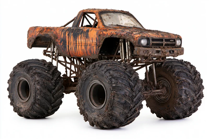 Mud-covered monster truck with oversized tires and exposed frame on white background