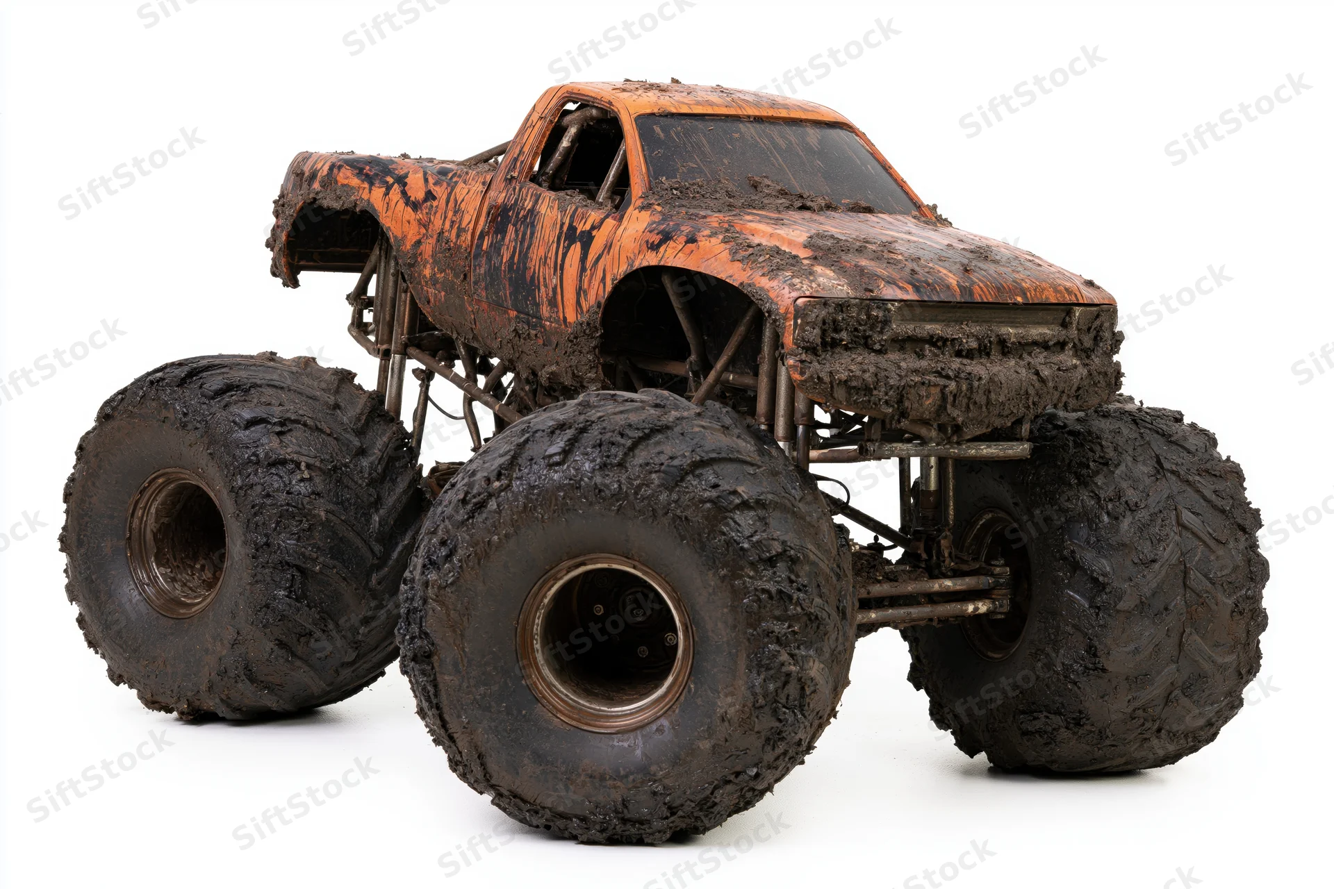 Mud-caked monster truck model with oversized tires on white background