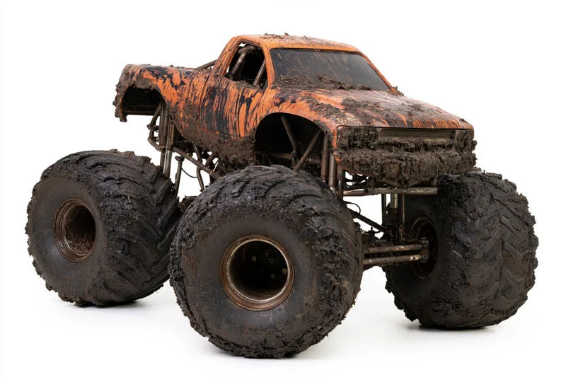 Mud-caked monster truck model with oversized tires on white background