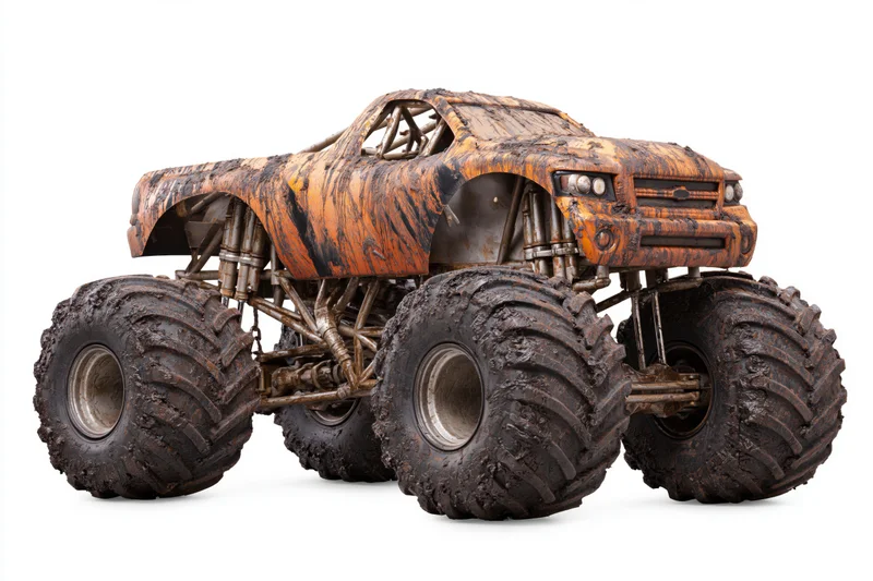 Mud-covered monster truck with oversized tires and exposed suspension on white background