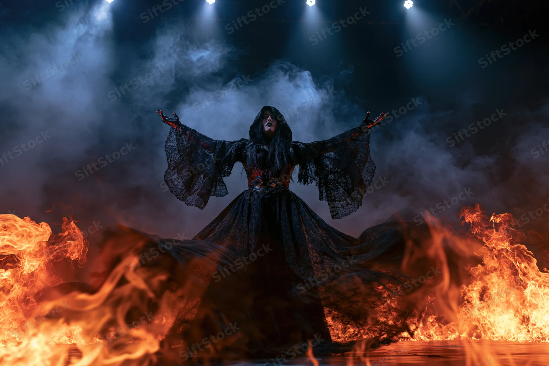 Hooded woman in black lace gown with arms outstretched amidst flames and smoke on stage