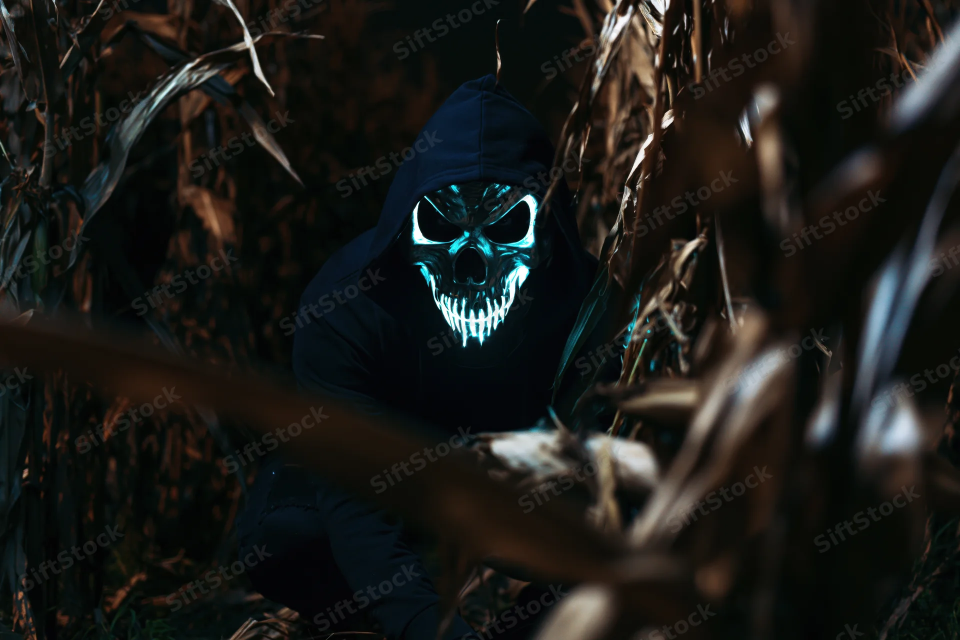 Hooded figure with glowing silver skull mask crouching among dried corn stalks at night