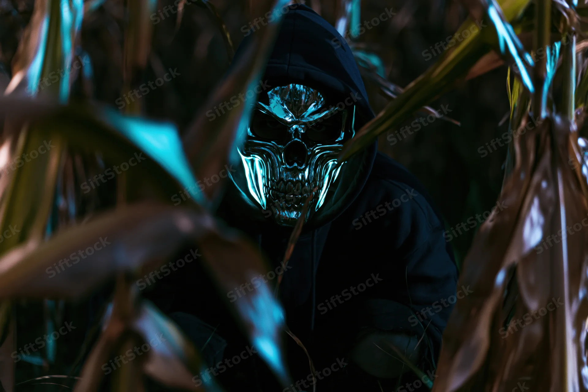 Hooded figure with glowing silver skull mask crouching among bamboo foliage at night