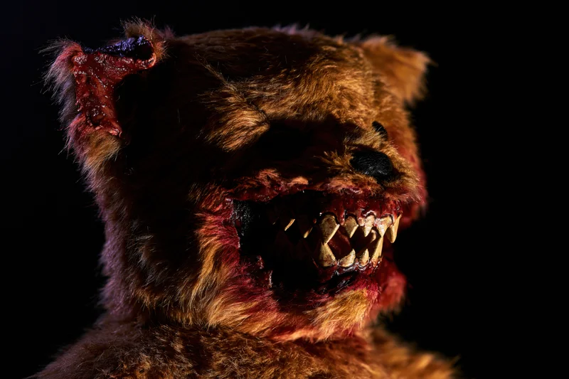 Horror-themed teddy bear with torn mouth and fangs against dark background