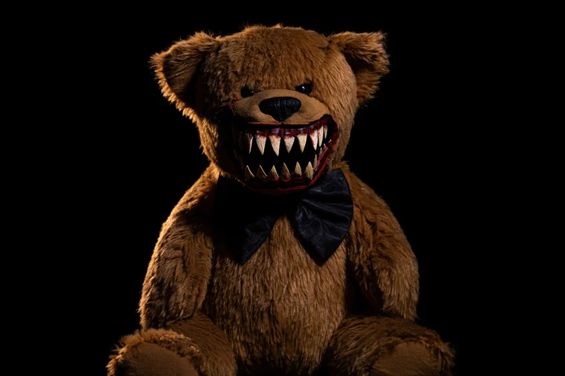 Horror-themed teddy bear with jagged fangs and bowtie against black background