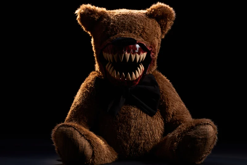 Horror-themed teddy bear with jagged fangs and blood-stained mouth, wearing a black bowtie, isolated on black background