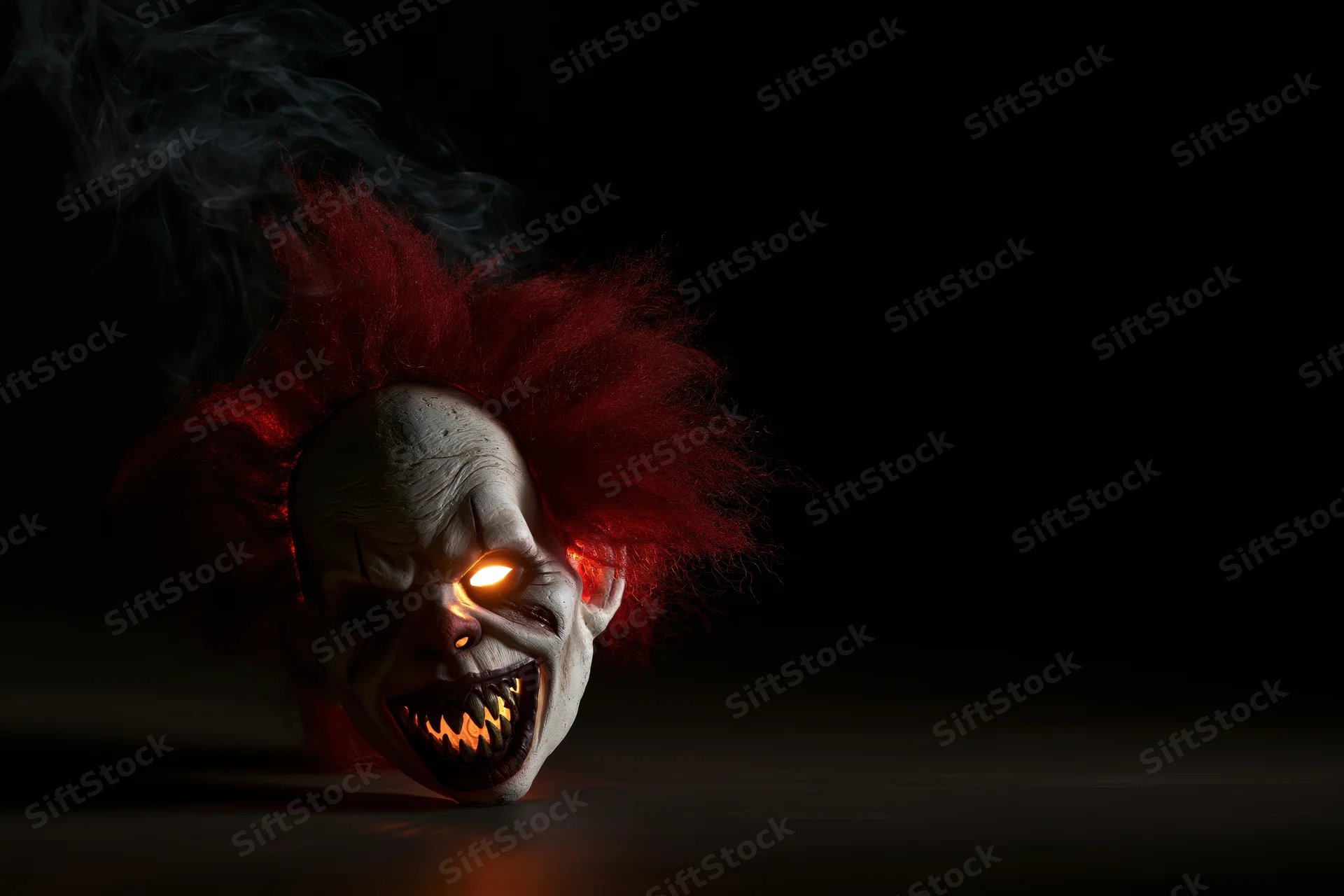 Horror clown mask with glowing eyes and red frizzy hair resting on dark surface with smoke